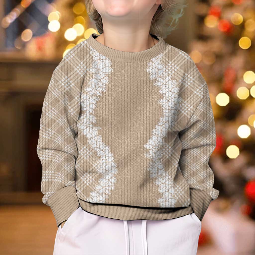 Hawaii Aloha Plumeria Lei Beige Palaka Kid Ugly Christmas Sweater - Polynesian Pride