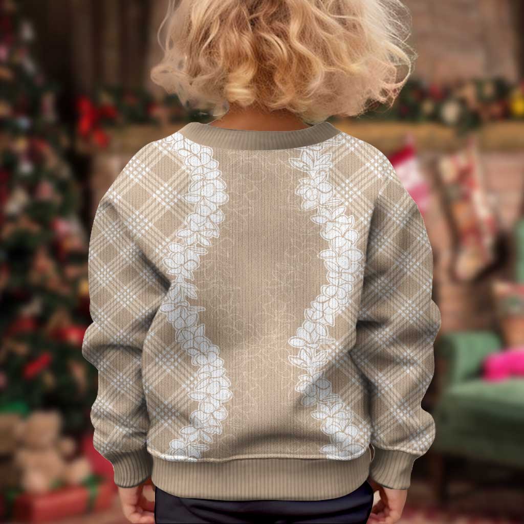 Hawaii Aloha Plumeria Lei Beige Palaka Kid Ugly Christmas Sweater - Polynesian Pride