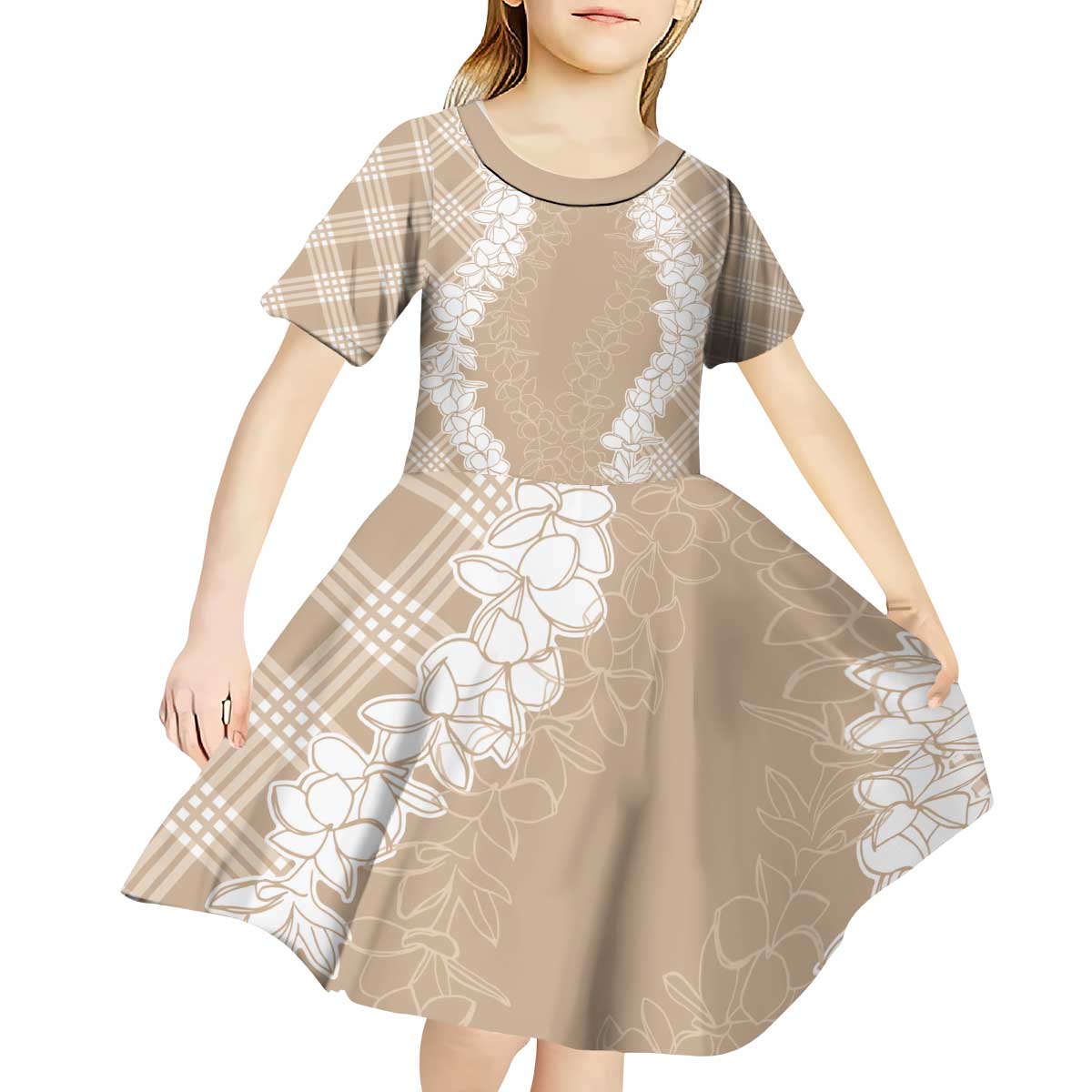 Hawaii Aloha Plumeria Lei Beige Palaka Kid Short Sleeve Dress - Polynesian Pride