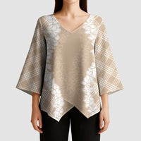 Hawaii Aloha Plumeria Lei Beige Palaka Kimono Sleeve Blouse - Polynesian Pride