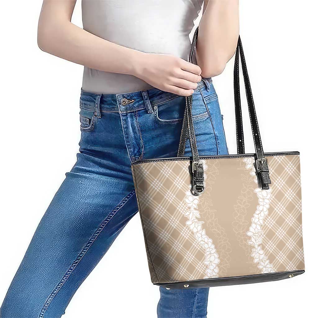 Hawaii Aloha Plumeria Lei Beige Palaka Leather Tote Bag - Polynesian Pride