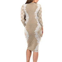 Hawaii Aloha Plumeria Lei Beige Palaka Long Sleeve Bodycon Dress - Polynesian Pride