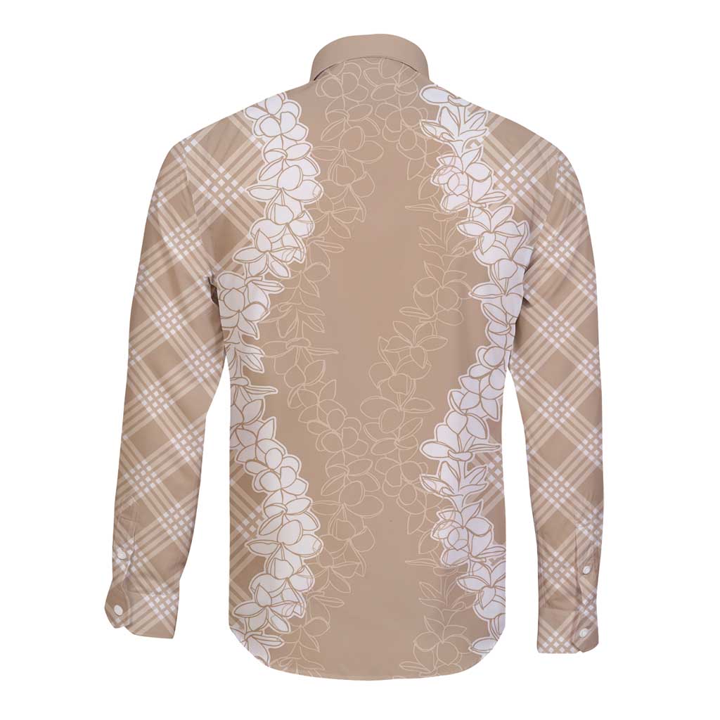 Hawaii Aloha Plumeria Lei Beige Palaka Long Sleeve Button Shirt - Polynesian Pride