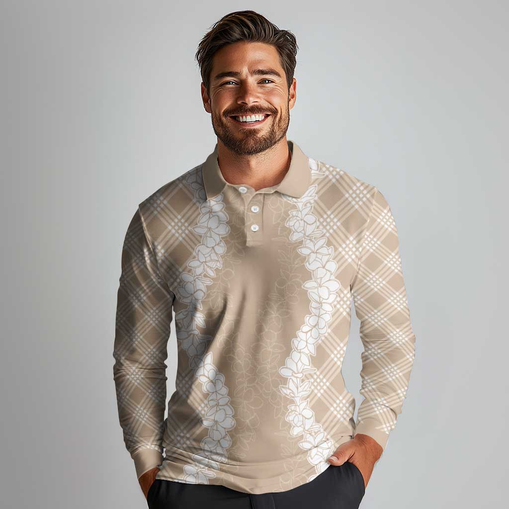 Hawaii Aloha Plumeria Lei Beige Palaka Long Sleeve Polo Shirt - Polynesian Pride