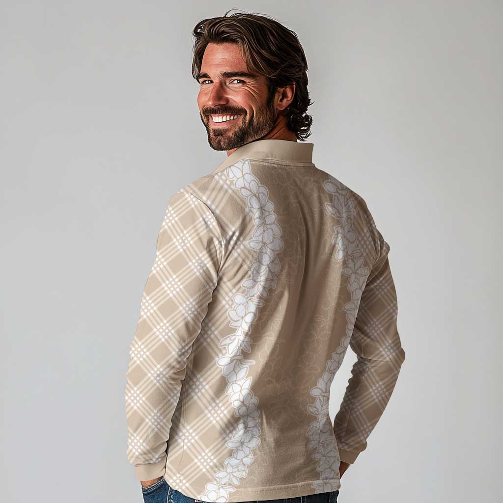 Hawaii Aloha Plumeria Lei Beige Palaka Long Sleeve Polo Shirt - Polynesian Pride