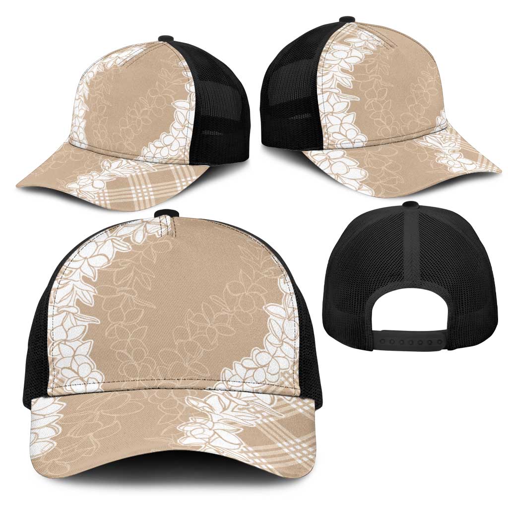 Hawaii Aloha Plumeria Lei Beige Palaka Mesh Trucker Cap - Polynesian Pride