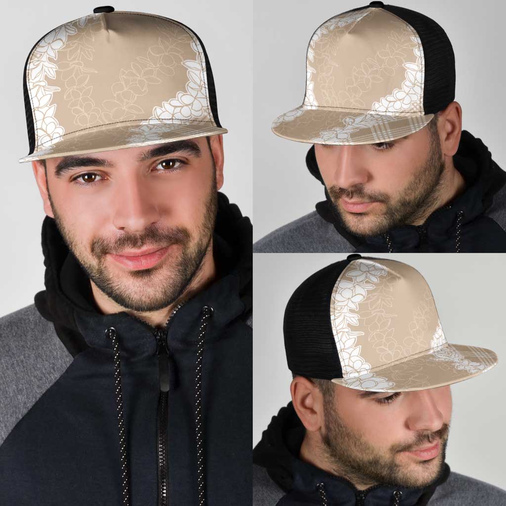Hawaii Aloha Plumeria Lei Beige Palaka Mesh Trucker Cap - Polynesian Pride