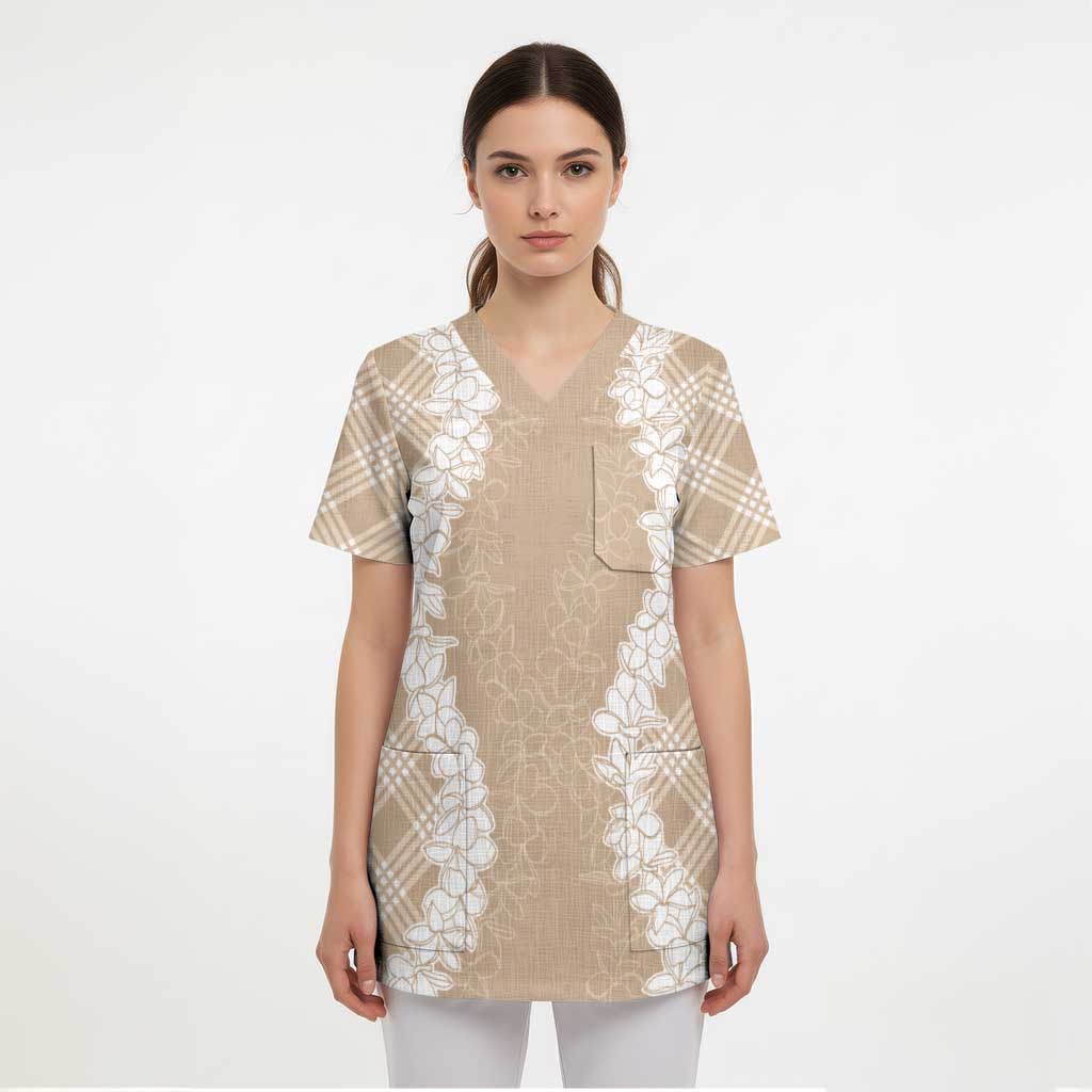 Hawaii Aloha Plumeria Lei Beige Palaka Scrub Top LT7 - Polynesian Pride