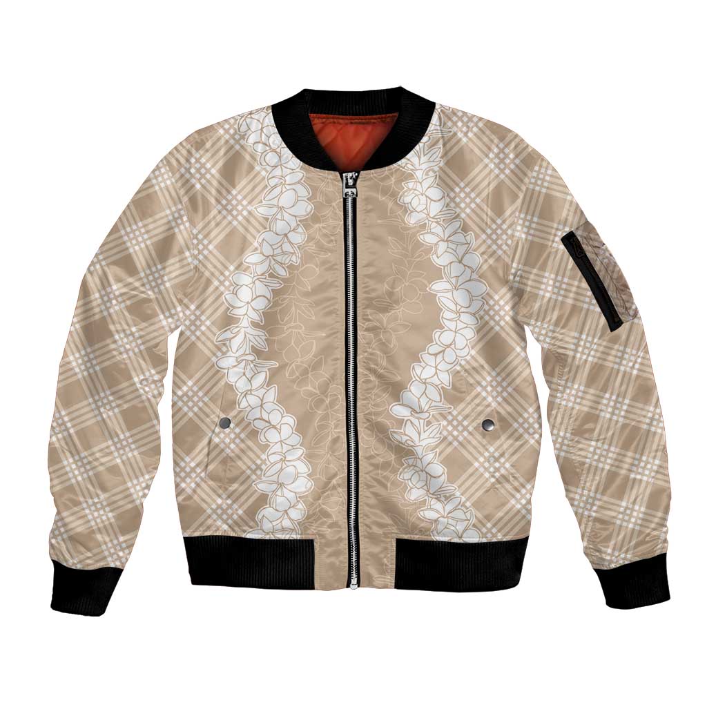 Hawaii Aloha Plumeria Lei Beige Palaka Sleeve Zip Bomber Jacket - Polynesian Pride