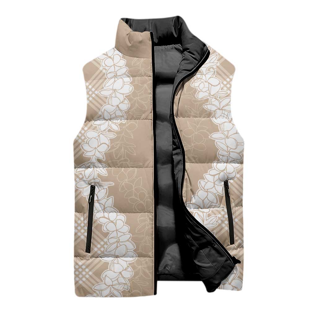 Hawaii Aloha Plumeria Lei Beige Palaka Sleeveless Puffer Jacket LT7 - Polynesian Pride