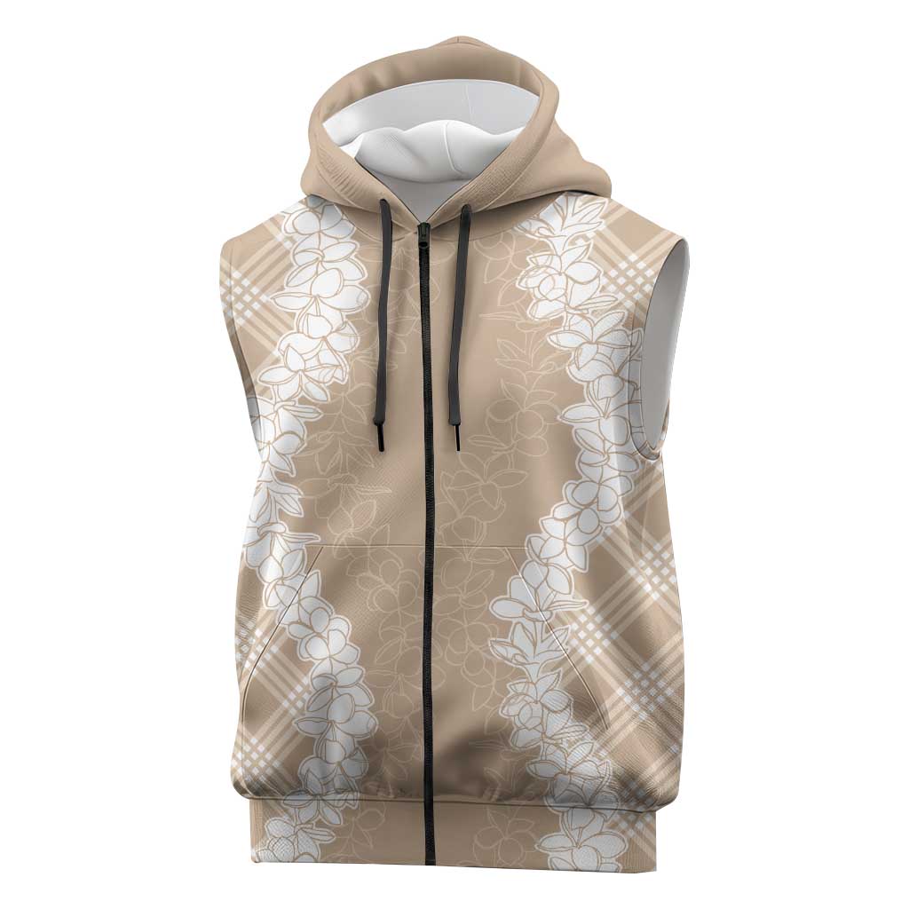 Hawaii Aloha Plumeria Lei Beige Palaka Sleeveless Zip Hoodie - Polynesian Pride