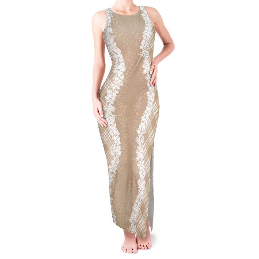 Hawaii Aloha Plumeria Lei Beige Palaka Tank Maxi Dress - Polynesian Pride