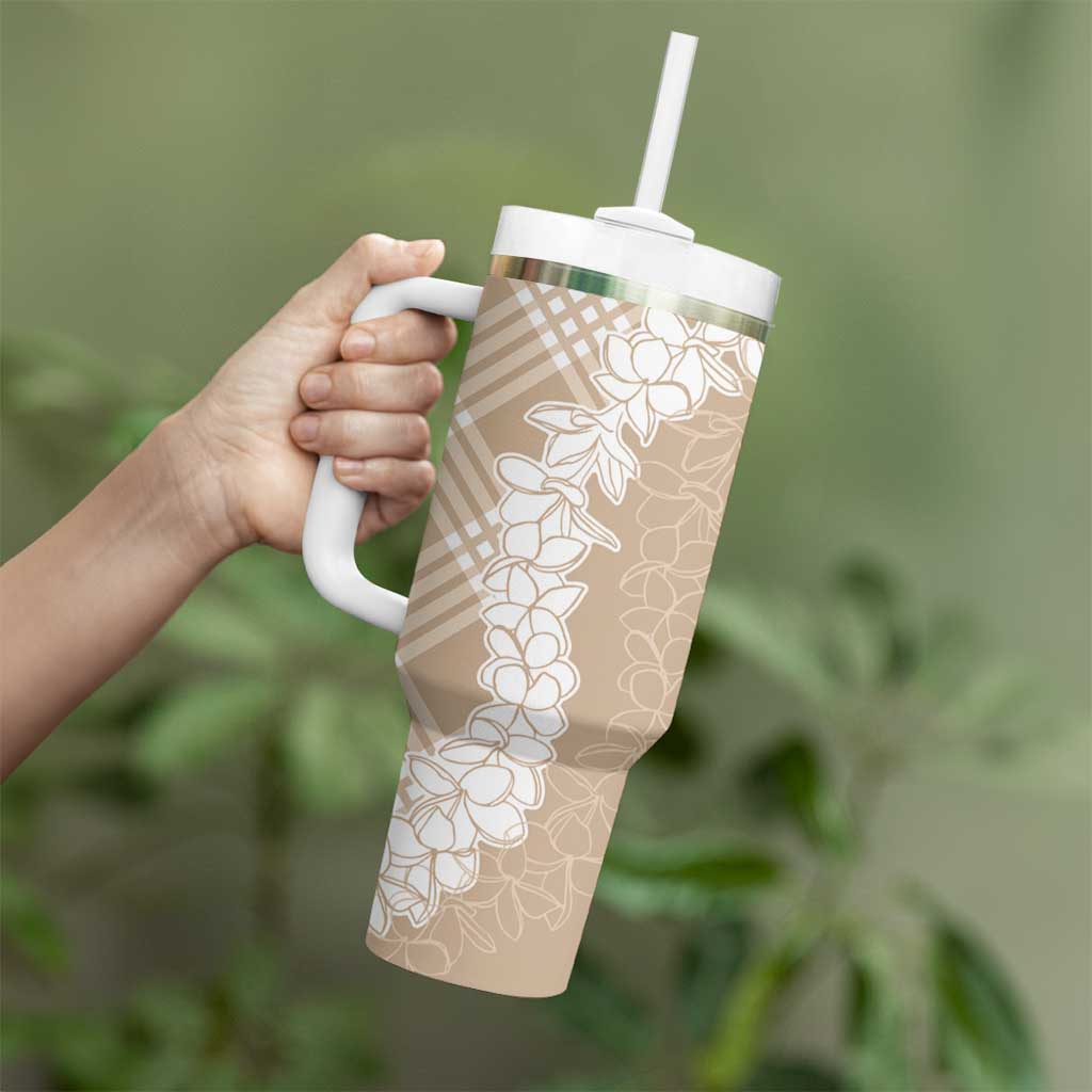 Hawaii Aloha Plumeria Lei Beige Palaka Tumbler With Handle - Polynesian Pride