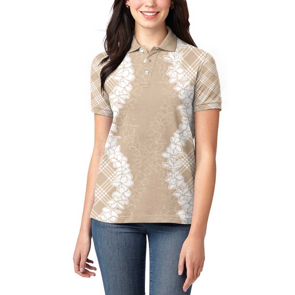 Hawaii Aloha Plumeria Lei Beige Palaka Women Polo Shirt - Polynesian Pride