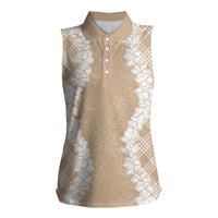 Hawaii Aloha Plumeria Lei Beige Palaka Women Sleeveless Polo Shirt LT7 Female Beige - Polynesian Pride