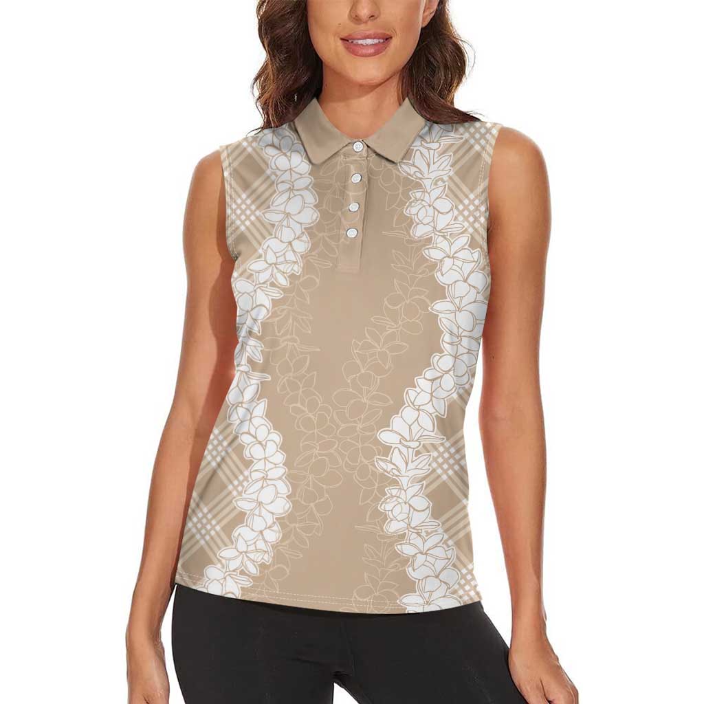 Hawaii Aloha Plumeria Lei Beige Palaka Women Sleeveless Polo Shirt LT7 - Polynesian Pride