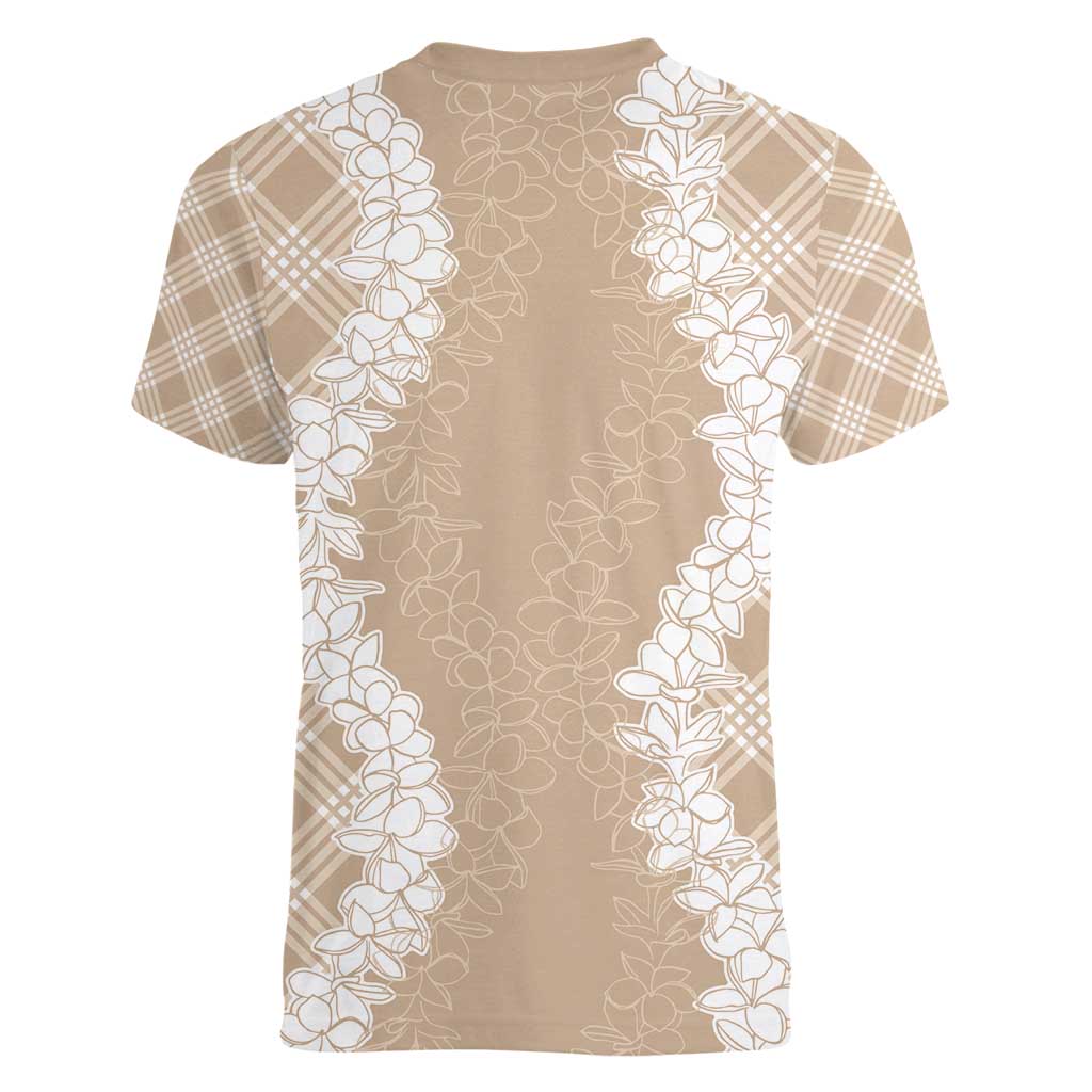 Hawaii Aloha Plumeria Lei Beige Palaka Women V-Neck T-Shirt LT7 - Polynesian Pride