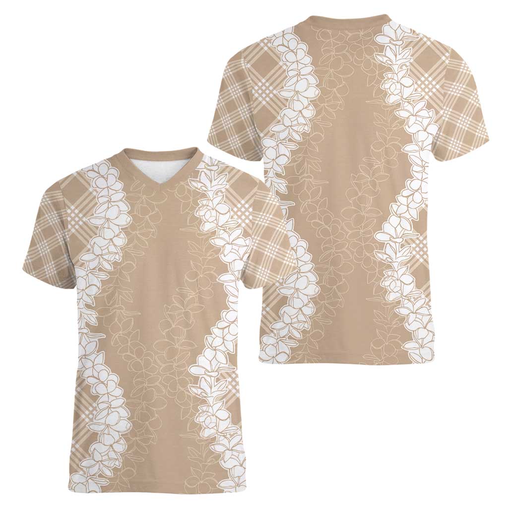 Hawaii Aloha Plumeria Lei Beige Palaka Women V-Neck T-Shirt LT7 - Polynesian Pride