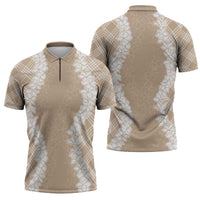 Hawaii Aloha Plumeria Lei Beige Palaka Zipper Polo Shirt - Polynesian Pride