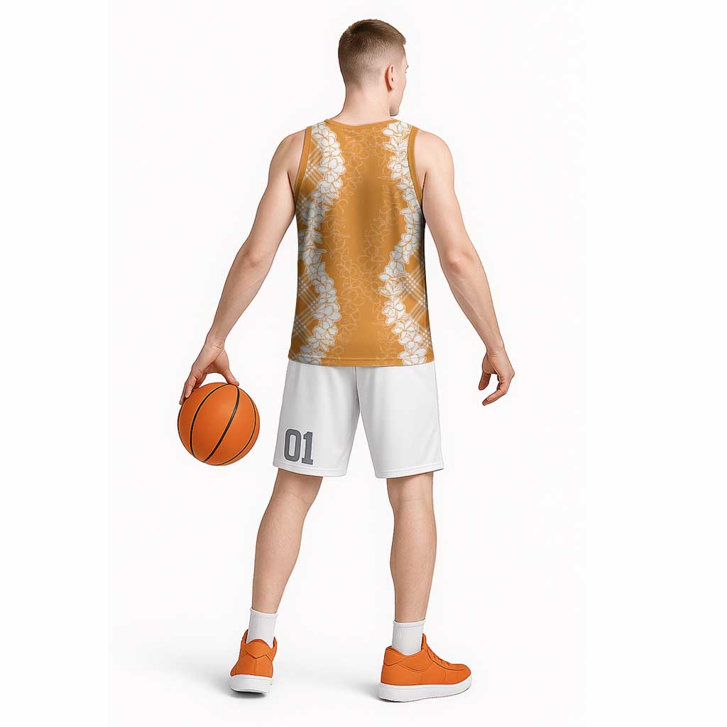 Hawaii Aloha Plumeria Lei Orange Palaka Basketball Jersey - Polynesian Pride