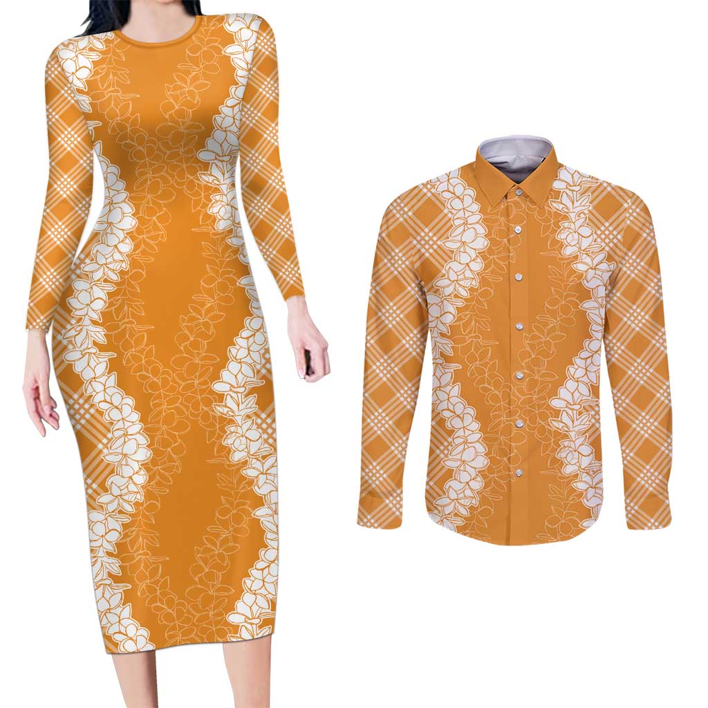 Hawaii Aloha Plumeria Lei Orange Palaka Couples Matching Long Sleeve Bodycon Dress and Long Sleeve Button Shirt LT7 Orange - Polynesian Pride