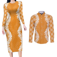 Hawaii Aloha Plumeria Lei Orange Palaka Couples Matching Long Sleeve Bodycon Dress and Long Sleeve Button Shirt LT7 Orange - Polynesian Pride