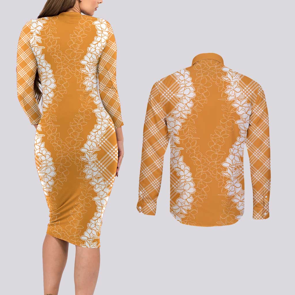 Hawaii Aloha Plumeria Lei Orange Palaka Couples Matching Long Sleeve Bodycon Dress and Long Sleeve Button Shirt LT7 - Polynesian Pride