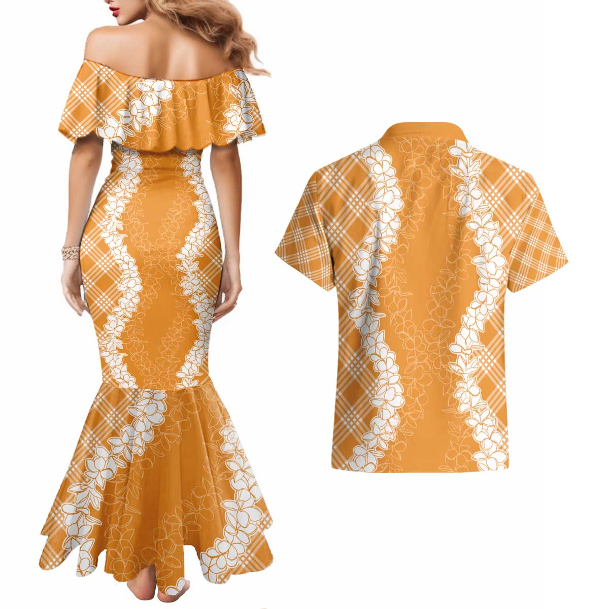Hawaii Aloha Plumeria Lei Orange Palaka Couples Matching Mermaid Dress and Hawaiian Shirt LT7 - Polynesian Pride