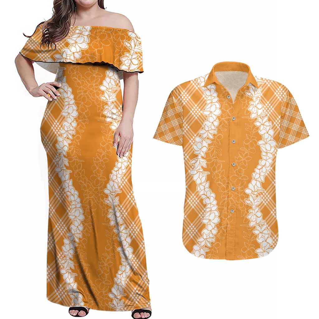 Hawaii Aloha Plumeria Lei Orange Palaka Couples Matching Off Shoulder Maxi Dress and Hawaiian Shirt LT7 Orange - Polynesian Pride