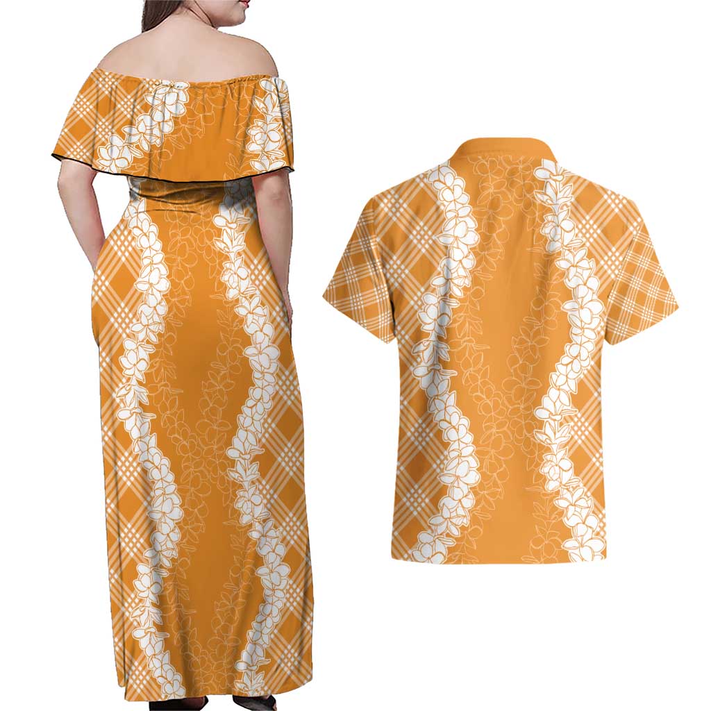 Hawaii Aloha Plumeria Lei Orange Palaka Couples Matching Off Shoulder Maxi Dress and Hawaiian Shirt LT7 - Polynesian Pride