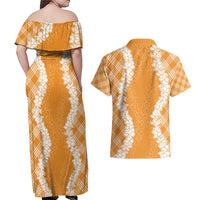 Hawaii Aloha Plumeria Lei Orange Palaka Couples Matching Off Shoulder Maxi Dress and Hawaiian Shirt LT7 - Polynesian Pride