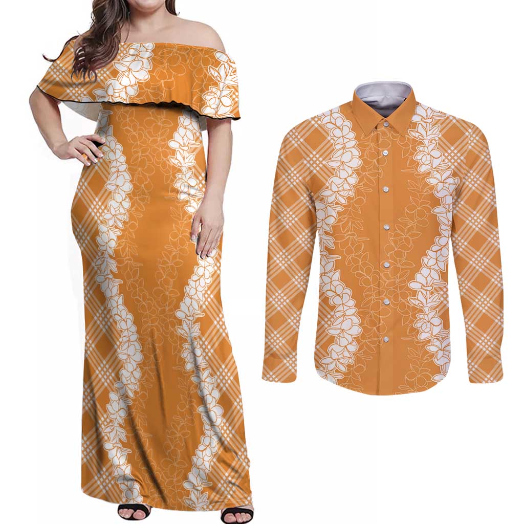 Hawaii Aloha Plumeria Lei Orange Palaka Couples Matching Off Shoulder Maxi Dress and Long Sleeve Button Shirt LT7 Orange - Polynesian Pride