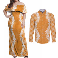 Hawaii Aloha Plumeria Lei Orange Palaka Couples Matching Off Shoulder Maxi Dress and Long Sleeve Button Shirt LT7 Orange - Polynesian Pride