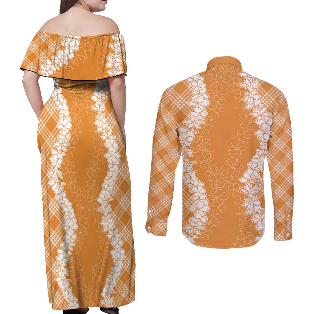 Hawaii Aloha Plumeria Lei Orange Palaka Couples Matching Off Shoulder Maxi Dress and Long Sleeve Button Shirt LT7 - Polynesian Pride