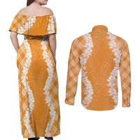 Hawaii Aloha Plumeria Lei Orange Palaka Couples Matching Off Shoulder Maxi Dress and Long Sleeve Button Shirt LT7 - Polynesian Pride