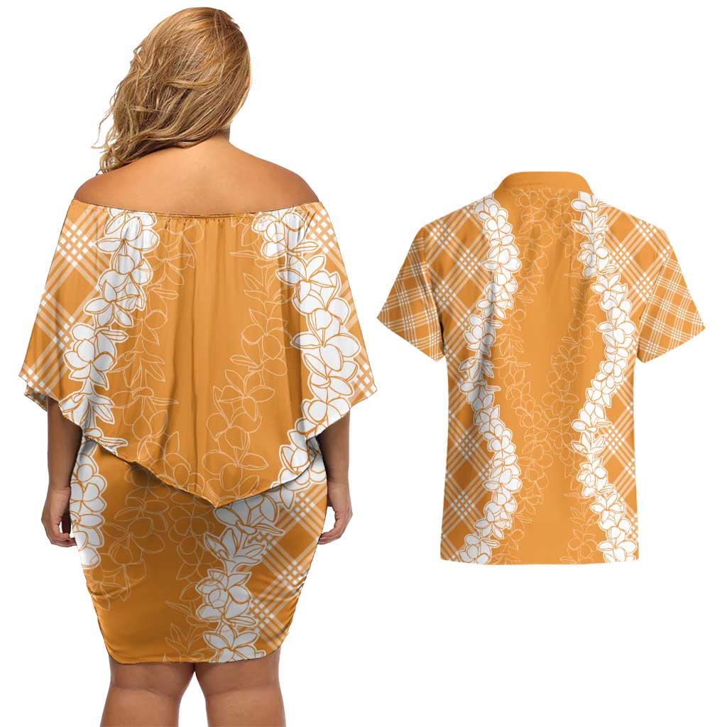 Hawaii Aloha Plumeria Lei Orange Palaka Couples Matching Off Shoulder Short Dress and Hawaiian Shirt LT7 - Polynesian Pride