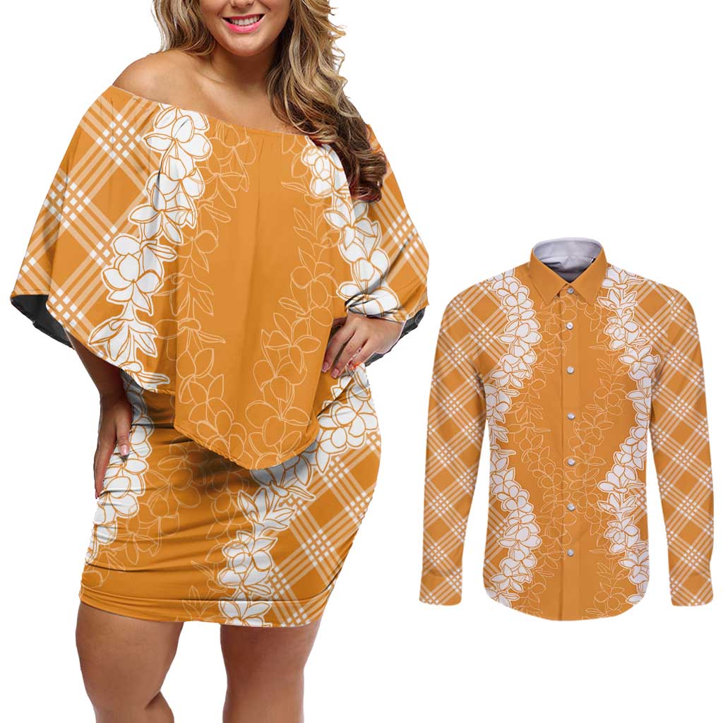 Hawaii Aloha Plumeria Lei Orange Palaka Couples Matching Off Shoulder Short Dress and Long Sleeve Button Shirt LT7 Orange - Polynesian Pride