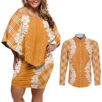 Hawaii Aloha Plumeria Lei Orange Palaka Couples Matching Off Shoulder Short Dress and Long Sleeve Button Shirt LT7 Orange - Polynesian Pride