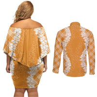 Hawaii Aloha Plumeria Lei Orange Palaka Couples Matching Off Shoulder Short Dress and Long Sleeve Button Shirt LT7 - Polynesian Pride