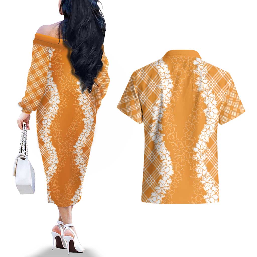 Hawaii Aloha Plumeria Lei Orange Palaka Couples Matching Off The Shoulder Long Sleeve Dress and Hawaiian Shirt LT7 - Polynesian Pride