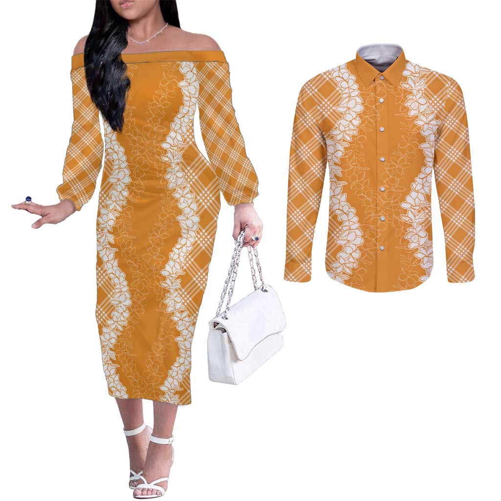 Hawaii Aloha Plumeria Lei Orange Palaka Couples Matching Off The Shoulder Long Sleeve Dress and Long Sleeve Button Shirt LT7 Orange - Polynesian Pride