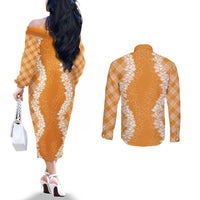 Hawaii Aloha Plumeria Lei Orange Palaka Couples Matching Off The Shoulder Long Sleeve Dress and Long Sleeve Button Shirt LT7 - Polynesian Pride