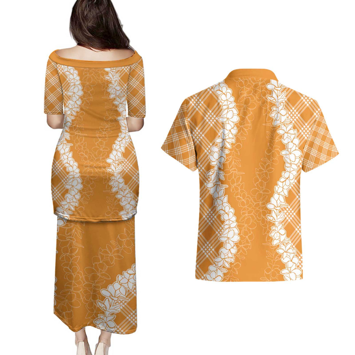 Hawaii Aloha Plumeria Lei Orange Palaka Couples Matching Puletasi and Hawaiian Shirt LT7 - Polynesian Pride