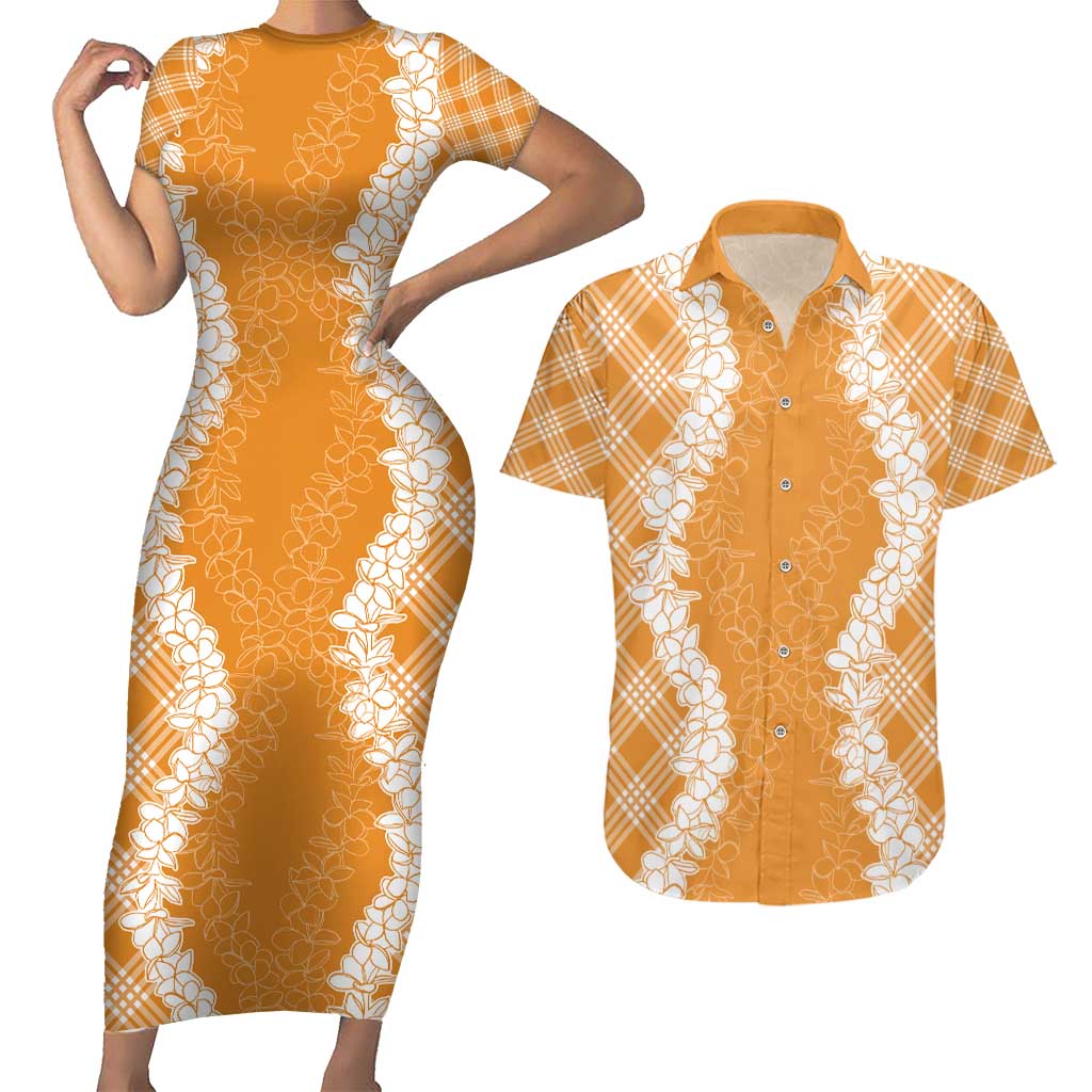 Hawaii Aloha Plumeria Lei Orange Palaka Couples Matching Short Sleeve Bodycon Dress and Hawaiian Shirt LT7 Orange - Polynesian Pride