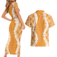 Hawaii Aloha Plumeria Lei Orange Palaka Couples Matching Short Sleeve Bodycon Dress and Hawaiian Shirt LT7 - Polynesian Pride