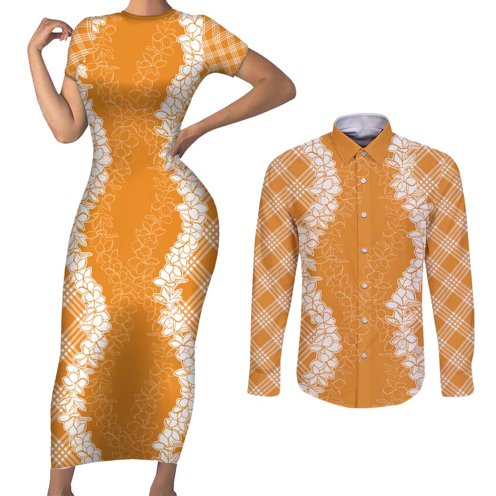 Hawaii Aloha Plumeria Lei Orange Palaka Couples Matching Short Sleeve Bodycon Dress and Long Sleeve Button Shirt LT7 Orange - Polynesian Pride