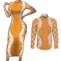 Hawaii Aloha Plumeria Lei Orange Palaka Couples Matching Short Sleeve Bodycon Dress and Long Sleeve Button Shirt LT7 Orange - Polynesian Pride