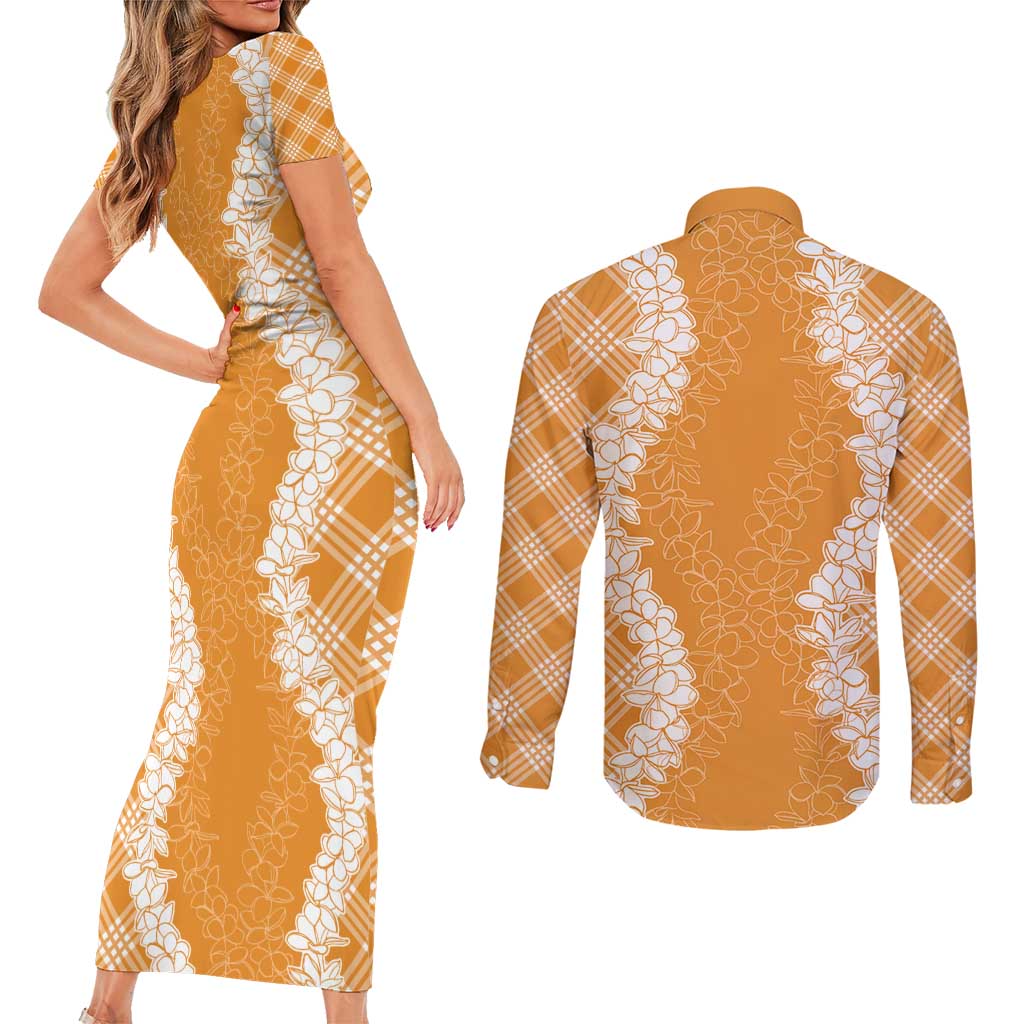 Hawaii Aloha Plumeria Lei Orange Palaka Couples Matching Short Sleeve Bodycon Dress and Long Sleeve Button Shirt LT7 - Polynesian Pride
