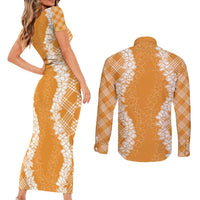 Hawaii Aloha Plumeria Lei Orange Palaka Couples Matching Short Sleeve Bodycon Dress and Long Sleeve Button Shirt LT7 - Polynesian Pride