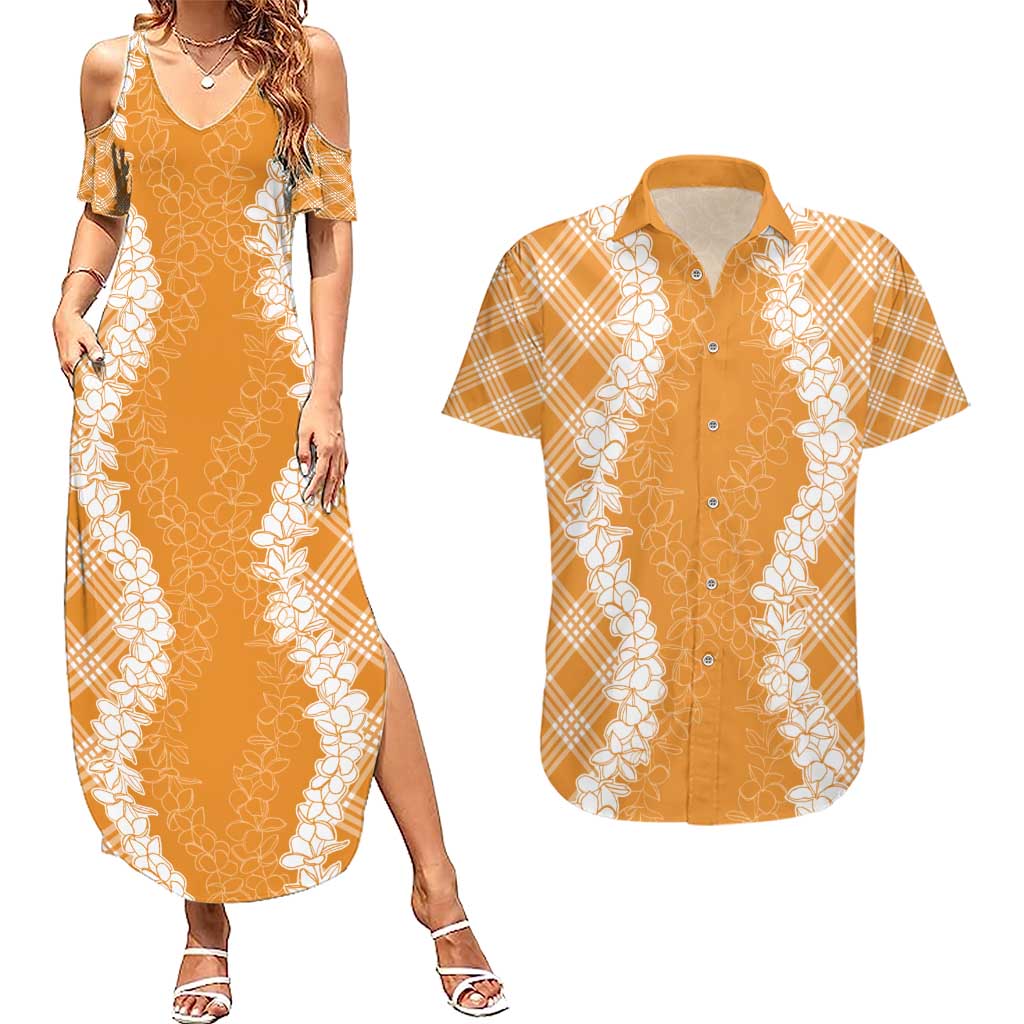 Hawaii Aloha Plumeria Lei Orange Palaka Couples Matching Summer Maxi Dress and Hawaiian Shirt LT7 Orange - Polynesian Pride